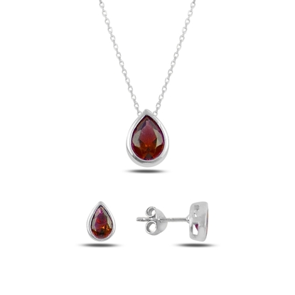 Resim Rodyum Kaplama Garnet Zirkon (Koyu Kırmızı) Renkli Zirkon Taşlı Tektaş Damla Gümüş Bayan Set