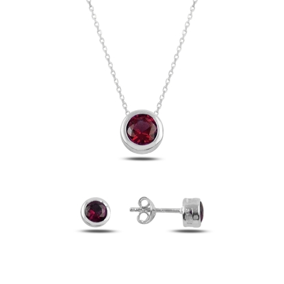 Resim Rodyum Kaplama Garnet Zirkon (Koyu Kırmızı) Renkli Zirkon Taşlı Tektaş Yuvarlak Gümüş Bayan Set