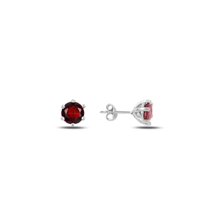 Resim Rodyum Kaplama Garnet Zirkon (Koyu Kırmızı) 6mm Renkli Zirkon Taşlı Tektaş Gümüş Küpe