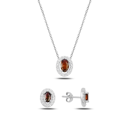 Resim Rodyum Kaplama Garnet Zirkon (Koyu Kırmızı) Oval Renkli Zirkon Taşlı Gümüş Bayan Set