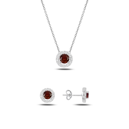 Resim Rodyum Kaplama Garnet Zirkon (Koyu Kırmızı) Yuvarlak Renkli Zirkon Taşlı Gümüş Bayan Set