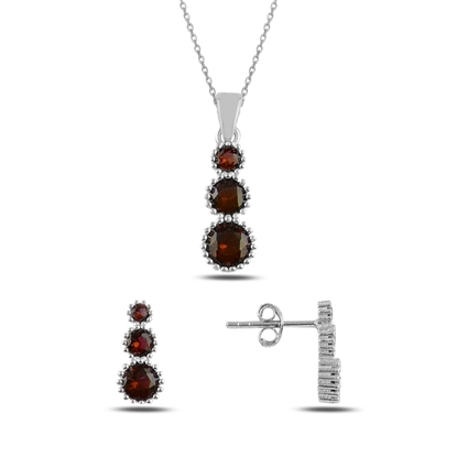 Resim Rodyum Kaplama Garnet Zirkon (Koyu Kırmızı) Süzme Renkli Zirkon Taşlı Gümüş Bayan Set