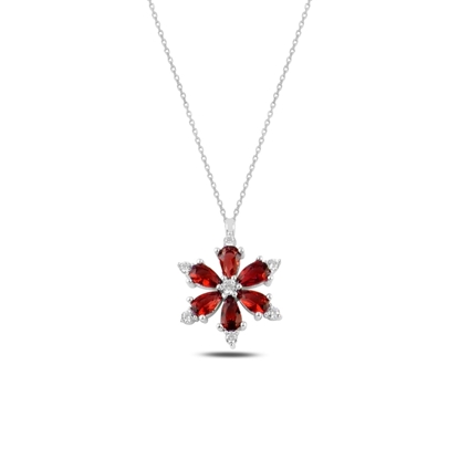 Resim Rodyum Kaplama Lotus Çiçeği Garnet Zirkon Taşlı Gümüş Bayan Kolye