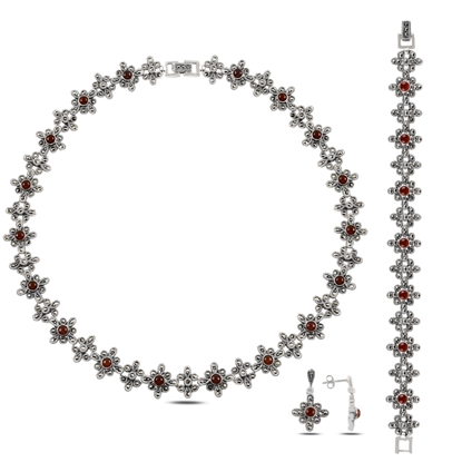 Resim Markazit & Kırmızı Akik Taşlı Gümüş Bayan Set