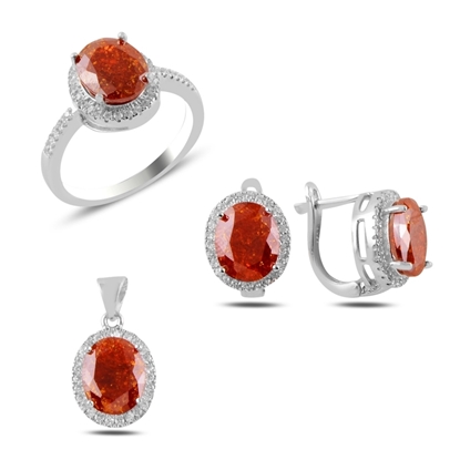 Resim Rodyum Kaplama Buzlu Garnet Zirkon Taşlı Gümüş Bayan Set