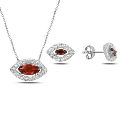 Resim Rodyum Kaplama Garnet Zirkon (Koyu Kırmızı) Mekik Renkli Zirkon Taşlı Tektaş Gümüş Bayan Set