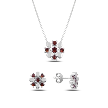 Resim Rodyum Kaplama Garnet Zirkon (Koyu Kırmızı) Renkli Zirkon Taşlı Çiçek Gümüş Bayan Set