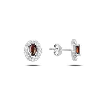 Resim Rodyum Kaplama Garnet Zirkon (Koyu Kırmızı) Oval Renkli Zirkon Taşlı Tektaş Gümüş Küpe