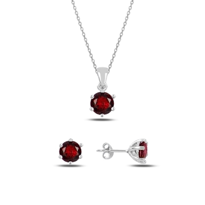 Resim Rodyum Kaplama Garnet Zirkon (Koyu Kırmızı) Yuvarlak Renkli Zirkon Taşlı Tektaş Gümüş Bayan Set