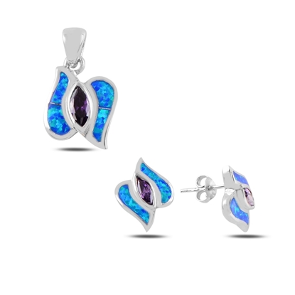 Resim Rodyum Kaplama Opal & Zirkon Taşlı Gümüş Bayan Set