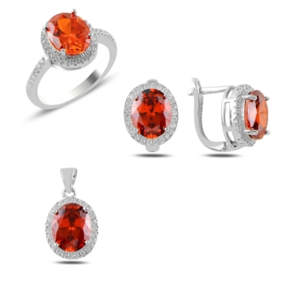 Resim Rodyum Kaplama Garnet Zirkon Taşlı Gümüş Bayan Set