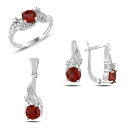 Resim Rodyum Kaplama Garnet Zirkon Taşlı Gümüş Bayan Set