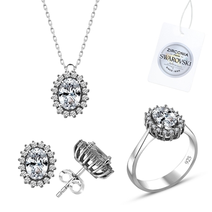 Resim Rodyum Kaplama Swarovski Zirkon Taşlı Oval Halo Tektaş Gümüş Bayan Set