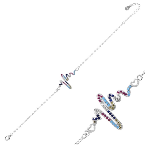 Ürün resmi: Rodyum Kaplama Kalp Ritmi Renkli Zirkon Taşlı Gümüş Bayan Bileklik