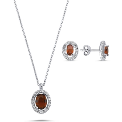 Resim Rodyum Kaplama Oval Garnet Zirkon Taşlı Halo Tektaş Gümüş Bayan Set