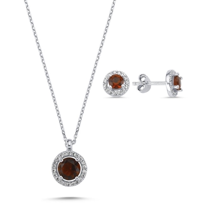 Resim Rodyum Kaplama Yuvarlak Garnet Zirkon Taşlı Halo Tektaş Gümüş Bayan Set