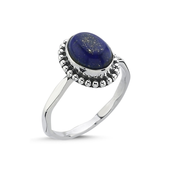 Ürün resmi: Lapis Lazuli Oval Kesim & Etnik Detaylı Oksitli Gümüş Bayan Yüzük