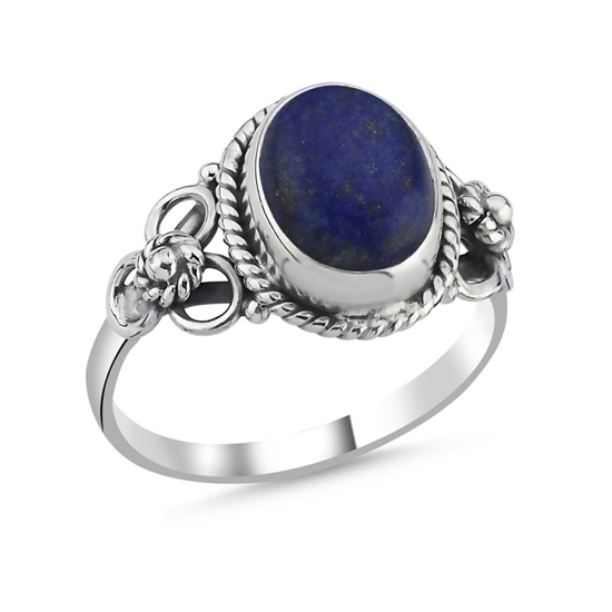 Ürün resmi: Lapis Lazuli Oval Kesim & Etnik Detaylı Oksitli Gümüş Bayan Yüzük