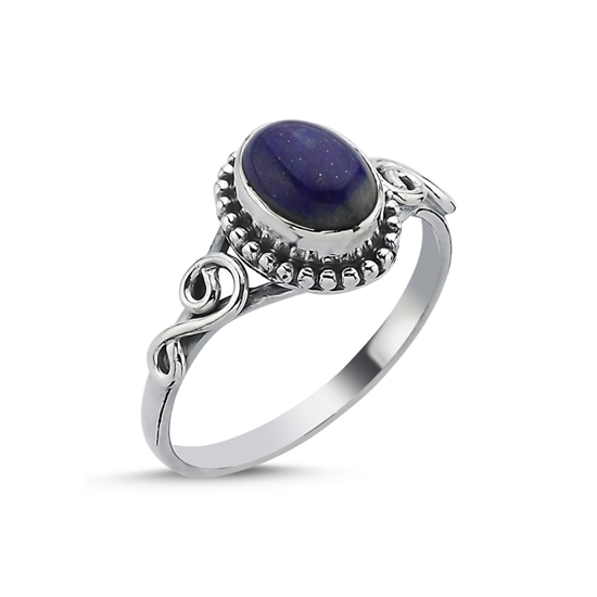 Ürün resmi: Lapis Lazuli Oval & Etnik Detaylı Oksitli Gümüş Bayan Yüzük