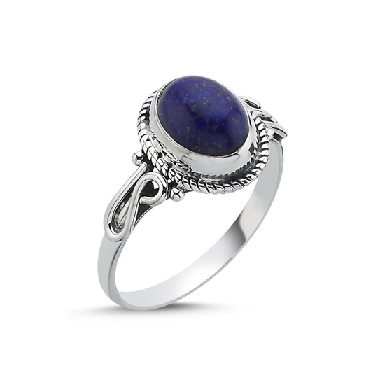 Ürün resmi: Lapis Lazuli Oval Kesim & Etnik Detaylı Oksitli Gümüş Bayan Yüzük