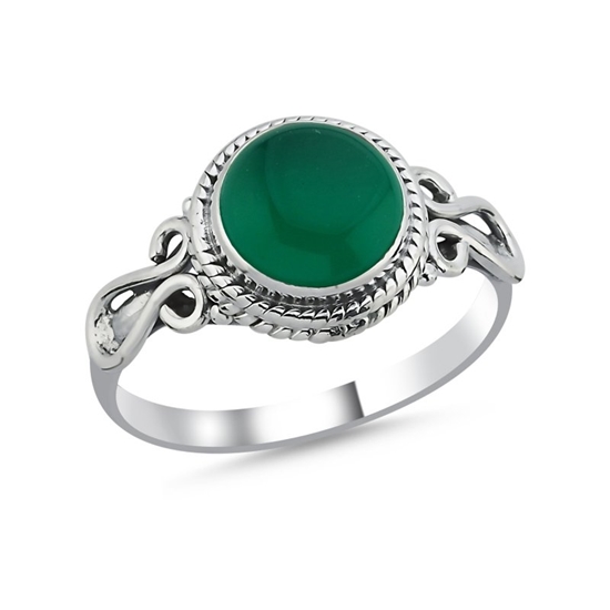 Ürün resmi: Yeşil Akik Taşlı & Etnik Detaylı Oksitli Gümüş Bayan Yüzük