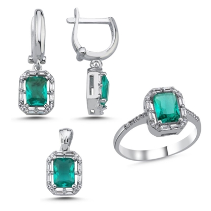 Resim Rodyum Kaplama Paraiba Baget & Halo Zirkon Taşlı Gümüş Bayan Set