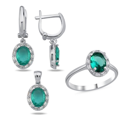 Resim Rodyum Kaplama Paraiba Oval Kesim & Halo Baget Zirkon Taşlı Gümüş Bayan Set