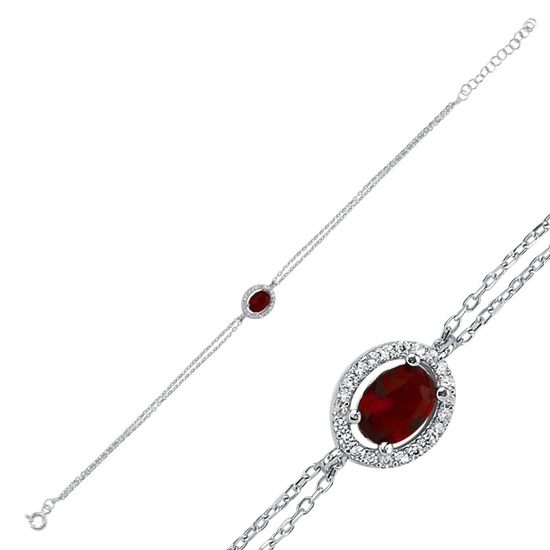 Ürün resmi: Rodyum Kaplama Garnet Zirkon (Kırmızı) Halo Tektaş Renkli Zirkon Taşlı Gümüş Bayan Bileklik