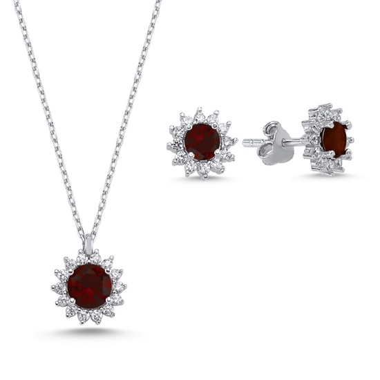 Ürün resmi: Rodyum Kaplama Garnet Zirkon (Kırmızı) Halo Tektaş Renkli Zirkon Taşlı Gümüş Bayan Set