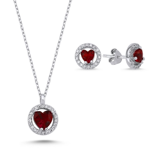 Ürün resmi: Rodyum Kaplama Garnet Zirkon (Kırmızı) Kalp Renkli Zirkon Taşlı Halo Tektaş Gümüş Bayan Set