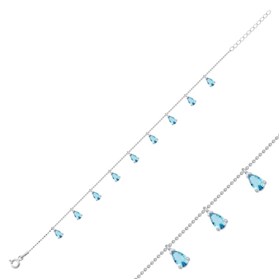 Ürün resmi: Rodyum Kaplama Damla Akuamarin Zirkon Taşlı Sallantılı Şans Gümüş Bayan Bileklik