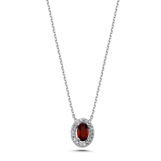 Ürün resmi: Rodyum Kaplama Garnet Zirkon (Kırmızı) Taşlı Oval Renkli Zirkon Halo Tektaş Gümüş Bayan Kolye