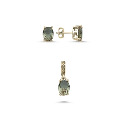 Resim Altın Kaplama 6x8mm Oval Zultanit Zirkon Tektaş Gümüş Bayan Set